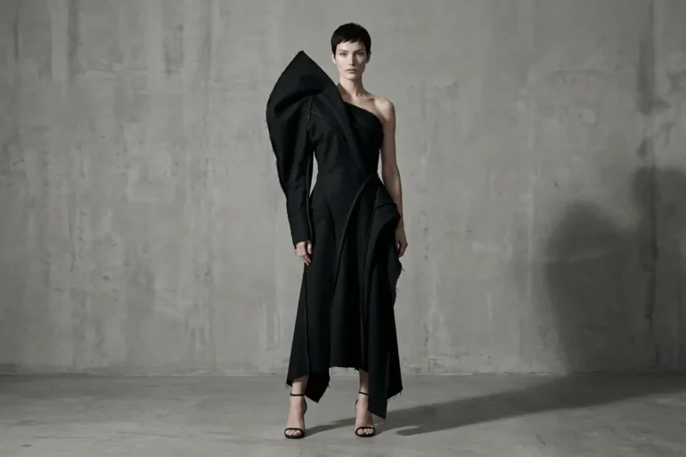 Model wearing a sculptural asymmetric black garment in a minimal studio setting