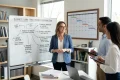 mall business team collaborating in a modern office, reviewing an expansion flowchart on a whiteboard outlining business loan allocation steps.