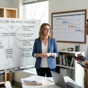 mall business team collaborating in a modern office, reviewing an expansion flowchart on a whiteboard outlining business loan allocation steps.