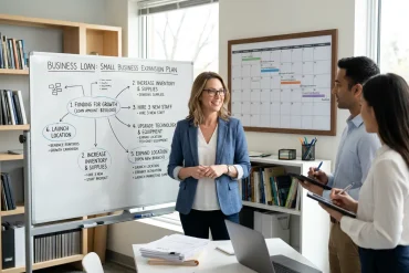 mall business team collaborating in a modern office, reviewing an expansion flowchart on a whiteboard outlining business loan allocation steps.