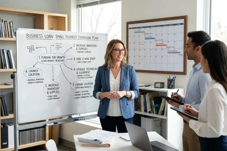 mall business team collaborating in a modern office, reviewing an expansion flowchart on a whiteboard outlining business loan allocation steps.
