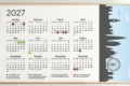 Framed 2027 wall calendar displays all twelve months and color-marked holidays beside a black London skyline with Big Ben and the London Eye.