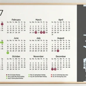 Framed 2027 wall calendar displays all twelve months and color-marked holidays beside a black London skyline with Big Ben and the London Eye.
