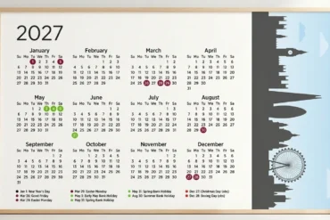 Framed 2027 wall calendar displays all twelve months and color-marked holidays beside a black London skyline with Big Ben and the London Eye.