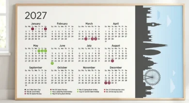 Framed 2027 wall calendar displays all twelve months and color-marked holidays beside a black London skyline with Big Ben and the London Eye.