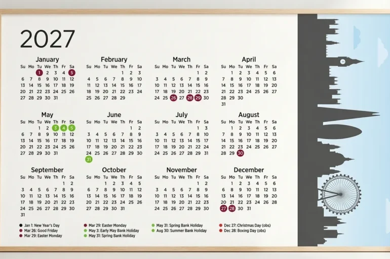 Framed 2027 wall calendar displays all twelve months and color-marked holidays beside a black London skyline with Big Ben and the London Eye.