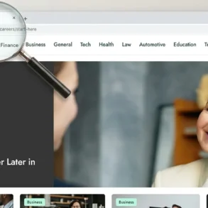 A browser shows “Changing Career Later in Life: Start Here” beside a smiling older woman, with a magnifying glass over the address bar; hopeful tone.