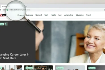 A browser shows “Changing Career Later in Life: Start Here” beside a smiling older woman, with a magnifying glass over the address bar; hopeful tone.