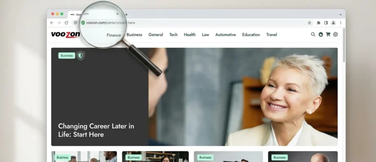 A browser shows “Changing Career Later in Life: Start Here” beside a smiling older woman, with a magnifying glass over the address bar; hopeful tone.