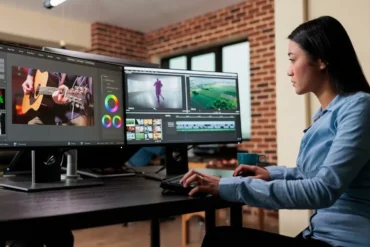 A focused video editor works at dual monitors, adjusting color and editing guitar performance footage in a bright studio with brick walls.