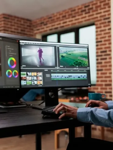 A focused video editor works at dual monitors, adjusting color and editing guitar performance footage in a bright studio with brick walls.