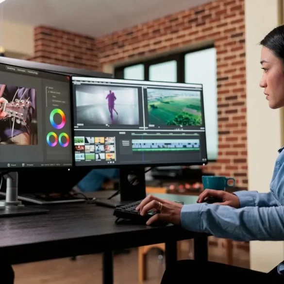 A focused video editor works at dual monitors, adjusting color and editing guitar performance footage in a bright studio with brick walls.