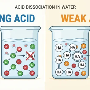 Educational infographic comparing strong and weak acid dissociation in water: fully separated ions in one beaker, mostly intact molecules in the other.