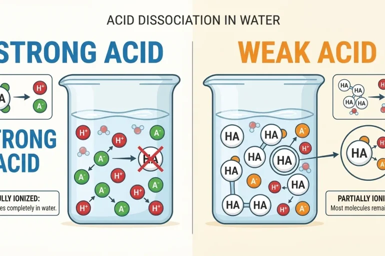 Educational infographic comparing strong and weak acid dissociation in water: fully separated ions in one beaker, mostly intact molecules in the other.